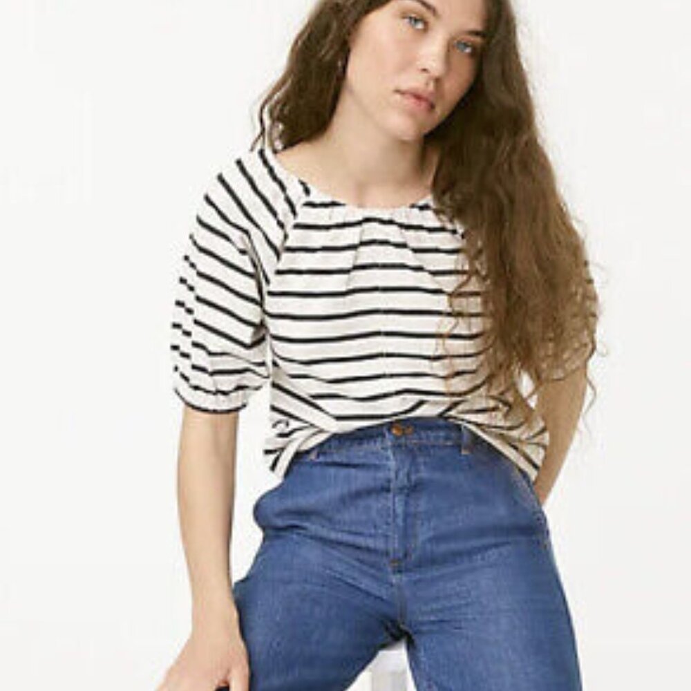 J.Crew Mariner Cloth Puff Sleeve top in Classic Stripes - 100% Cotton Nautical